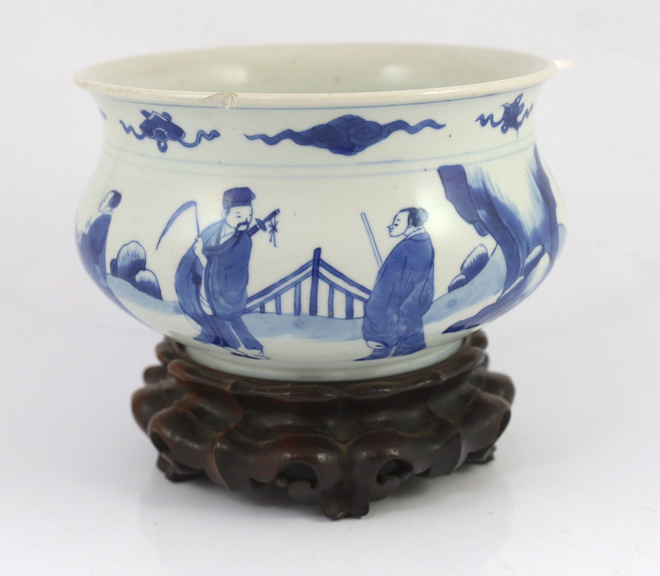 A Chinese blue and white ‘eight immortals’ censer, Kangxi period, rim chip